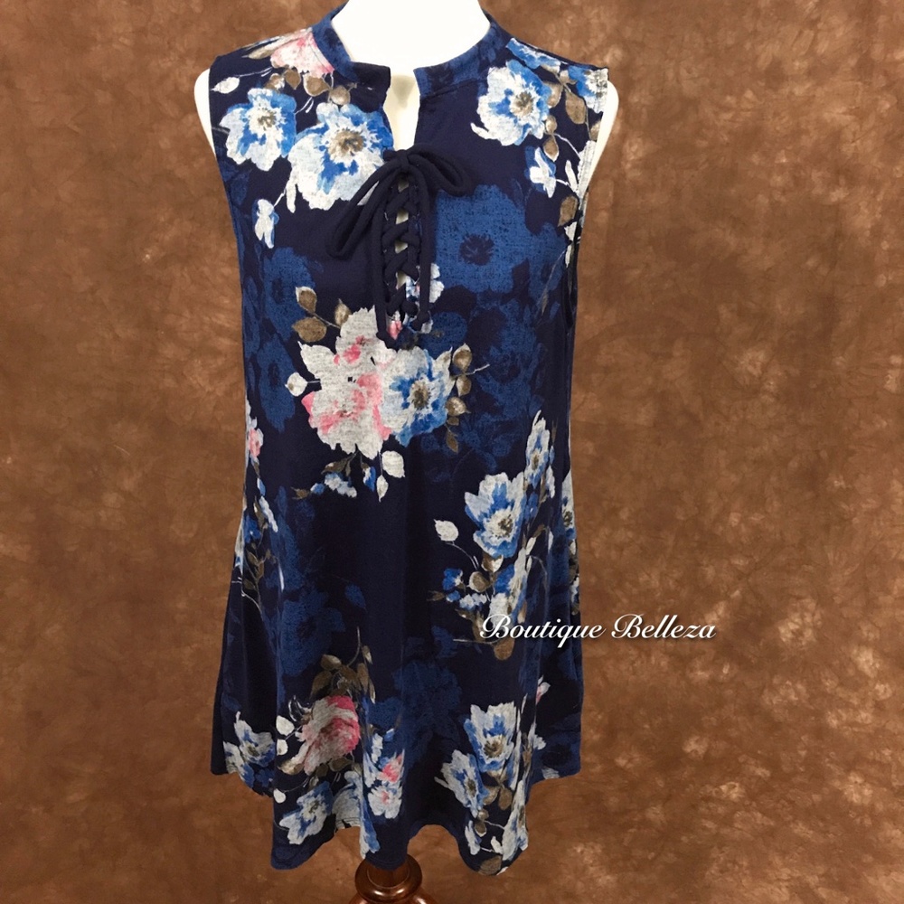 Blue Floral Sleeveless Tunic With Pockets